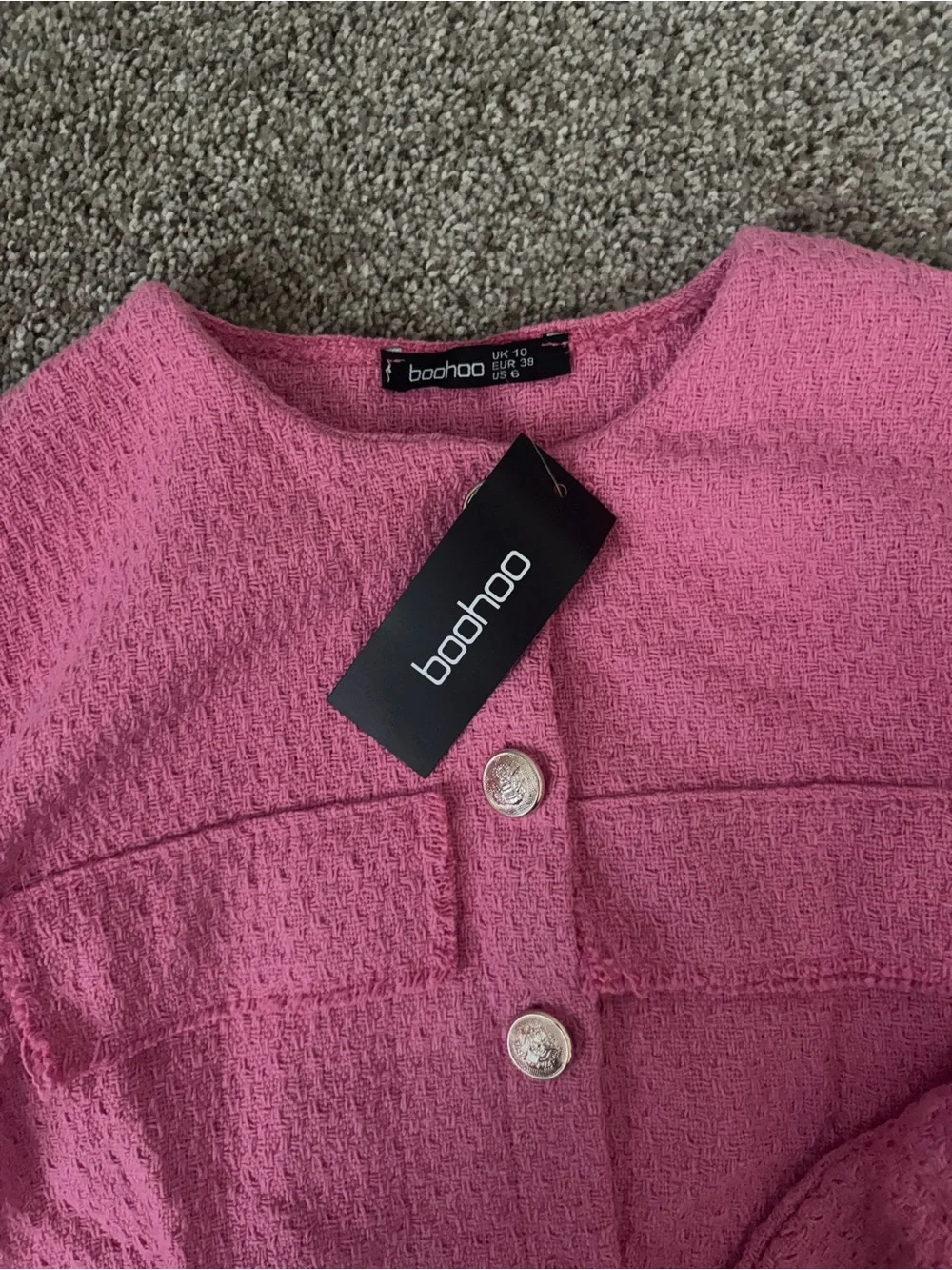 Boohoo Bright Pink Tweed Button Crop Jacket
